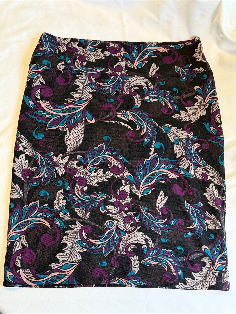 LuLaRoe Black Pencil Skirt with Teal, Purple & White Floral Swirls